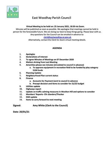  - EWPC Meeting 25/01/20 @6:30pm